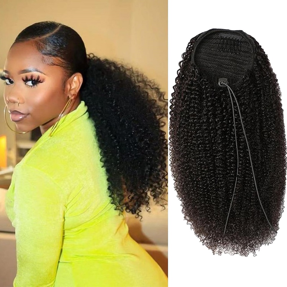 Seamless Clip In Hair Extensions Human Hair - 24～26インチのアフロ風縮れ毛ドローストリングポニーテール、100グラムのドローストリングカーリーポニーテール人毛エクステ、黒人女性向け