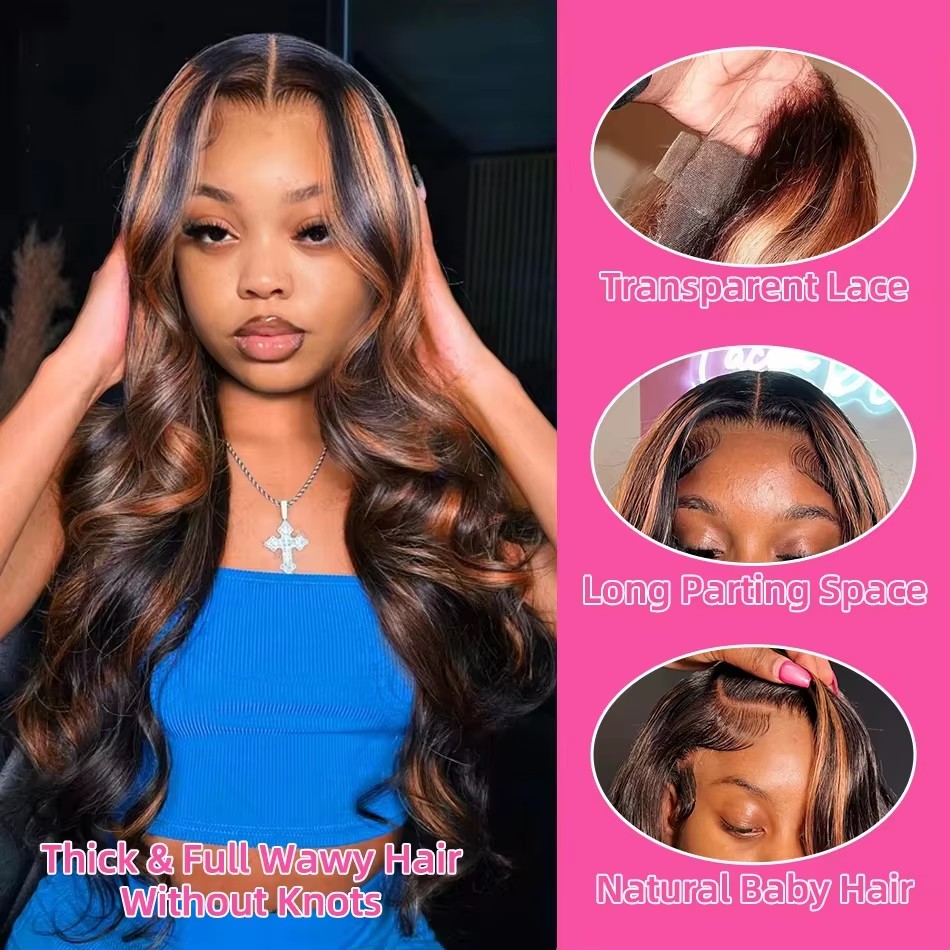 Lace Front Wigs - ハイライトオンブレ13x4レースフロントウィッグ人毛ボディウェーブレースフロントプレプラッキング済み13x6 1B/30ブラウンハイライトウィッグ220密度女性用