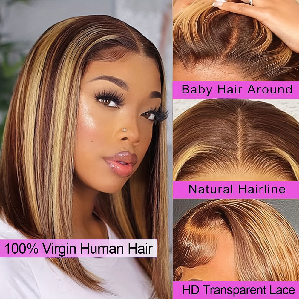ストレートショートボブウィッグ 人毛 P4/27 ハニーブロ - Glueless Wear And Go Human Hair Wig のレビューと価格