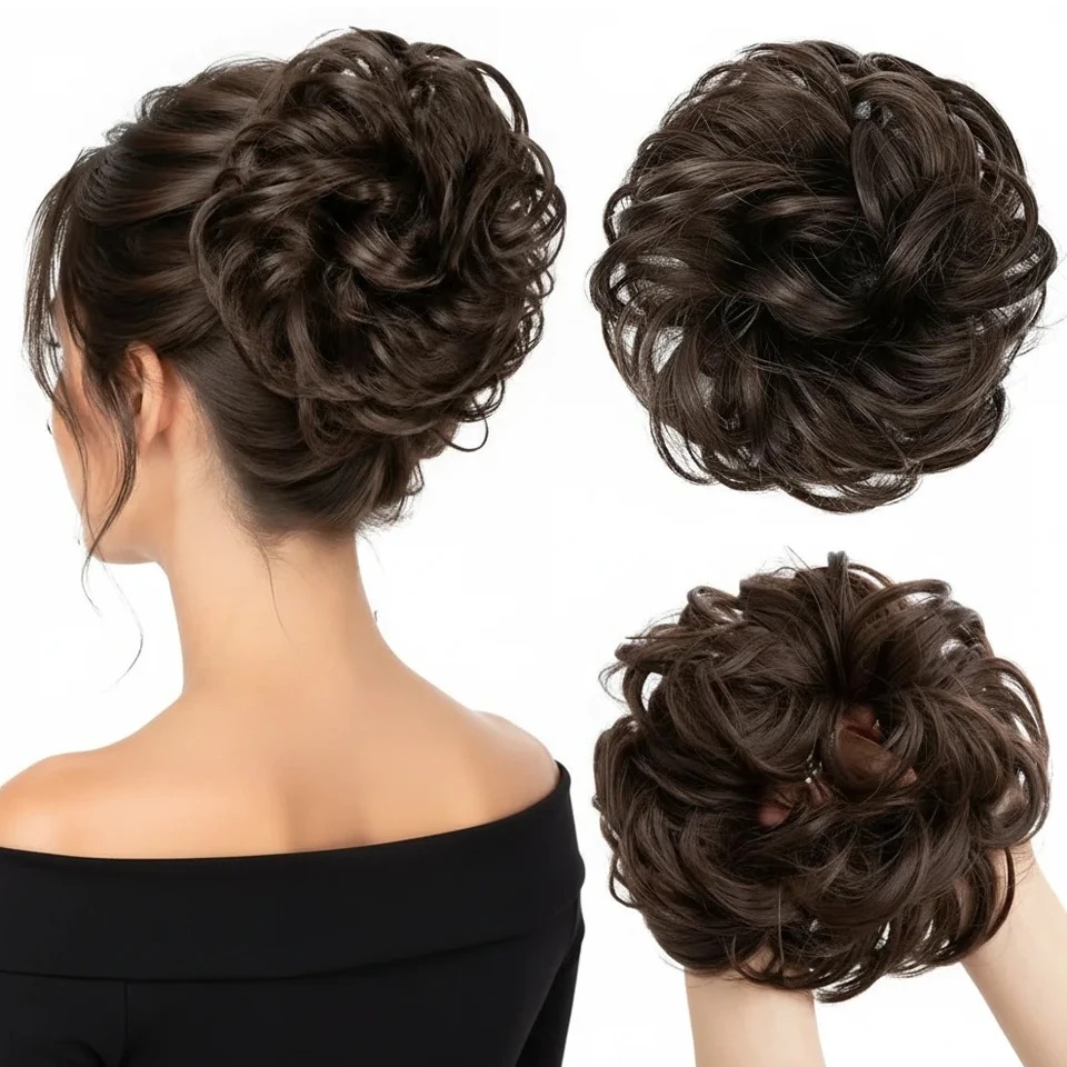上品なカールウェーブの、自然なまとめ髪風ヘアピース。ふんわり - Claw Clip Messy Bun Hair Piece のレビューと価格