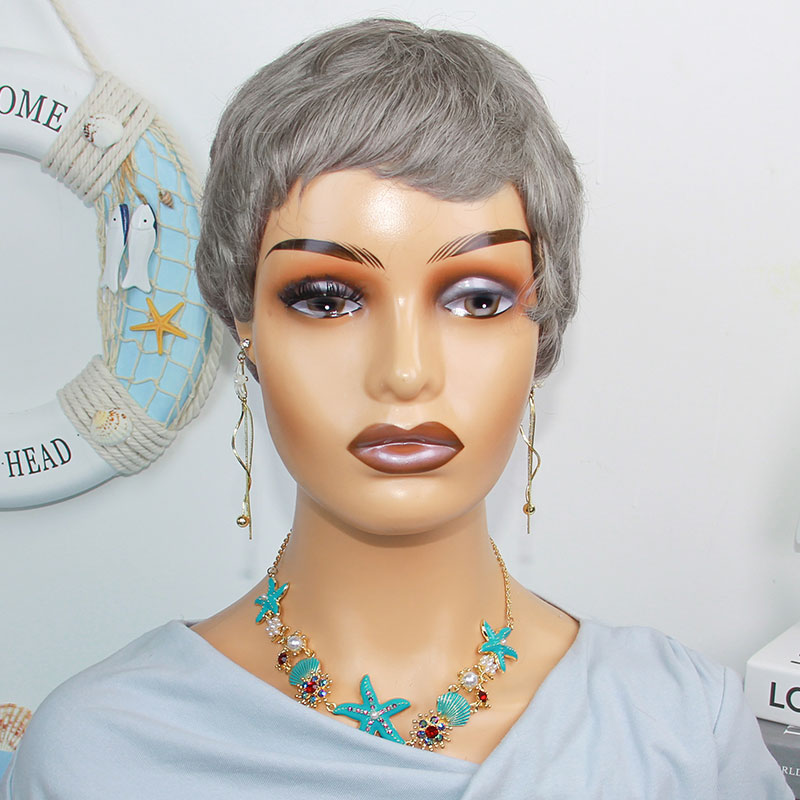 ショートストレート人毛ウィッグ グレー ブラジリアンレミーヘ - Short Pixie Cut Wig Human Hair Cheap のレビューと価格